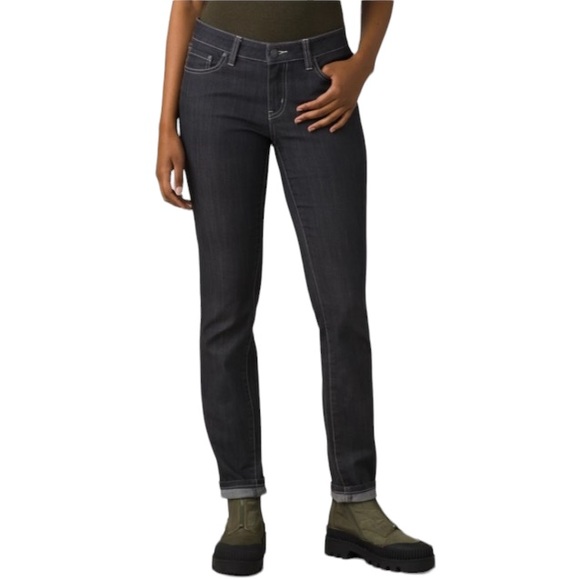 PRANA Kayla Jeans Black Wash White Contrast Stitch Stretch Skinny Slim - Picture 2 of 14